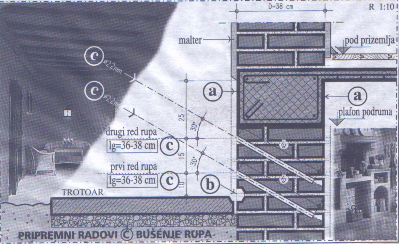 Tehnički crtež - presek kapilarne vlage bušenjem